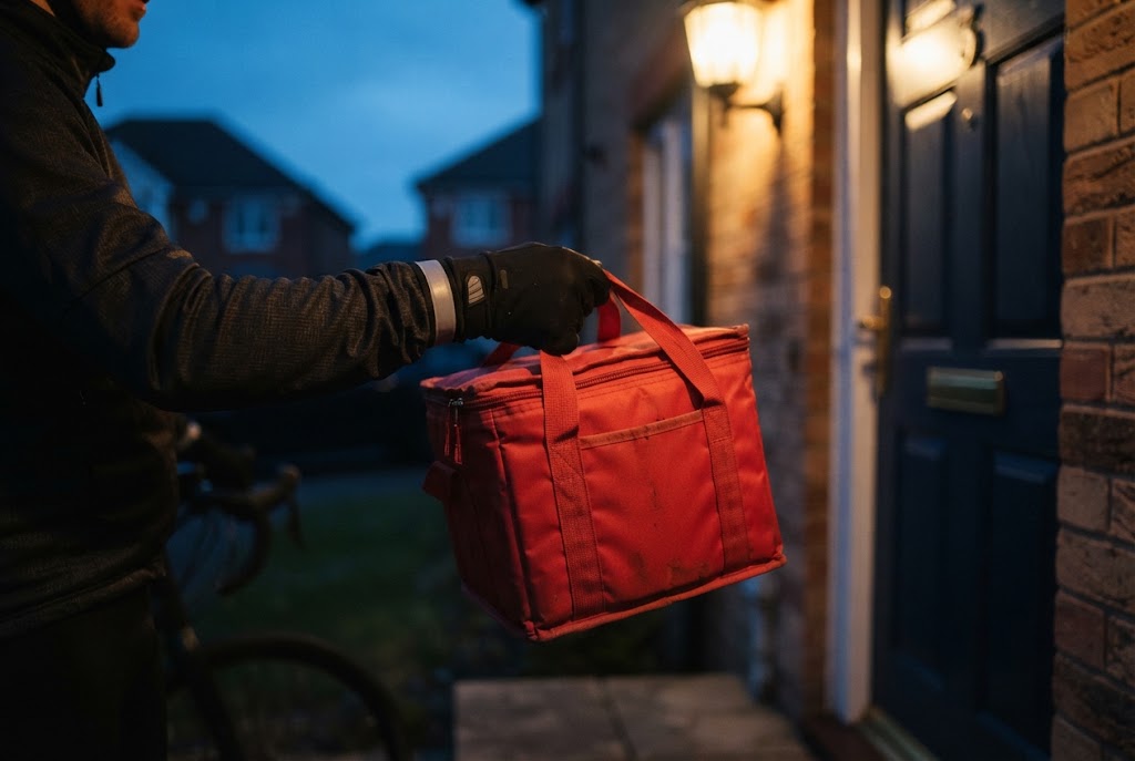 Fahrer übergibt eine Pizza in der Thermobox an der Haustür