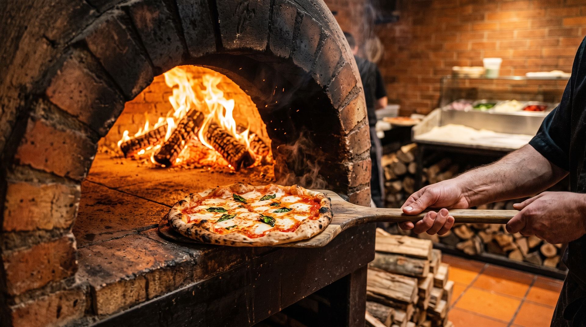 Pizzabäcker schiebt eine Pizza mit dem Holzschieber in den Ofen