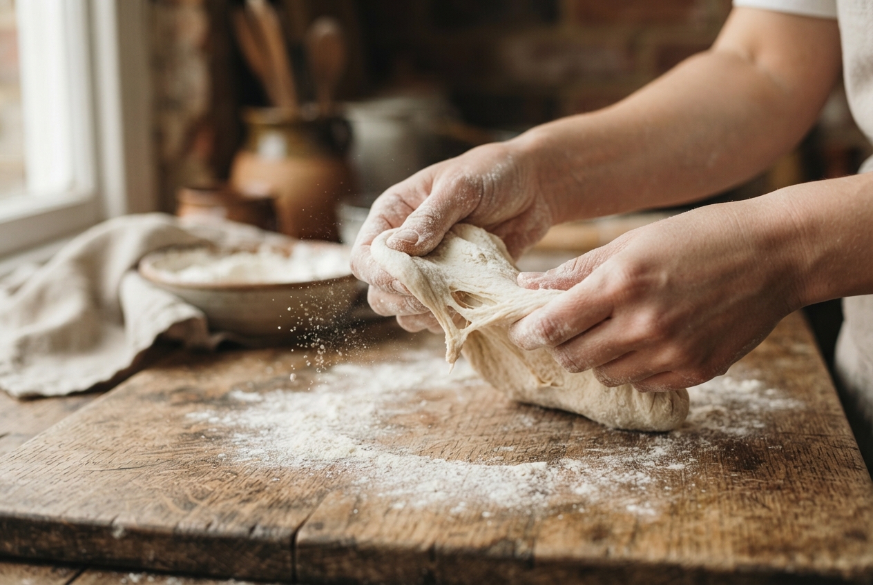 Hände formen frischen Pizzateig